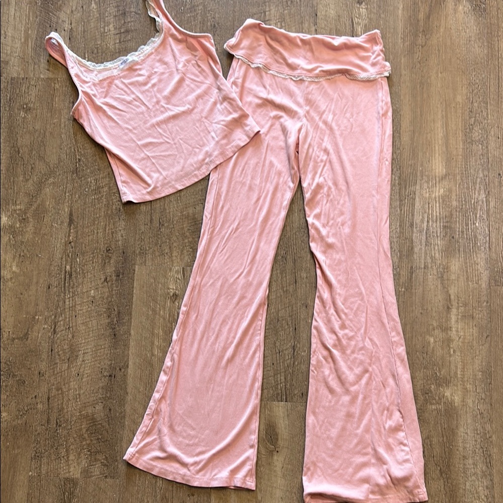 Women's Pink Lace-Trim Sleep Tank & Wide-Leg Pajama Pants Set